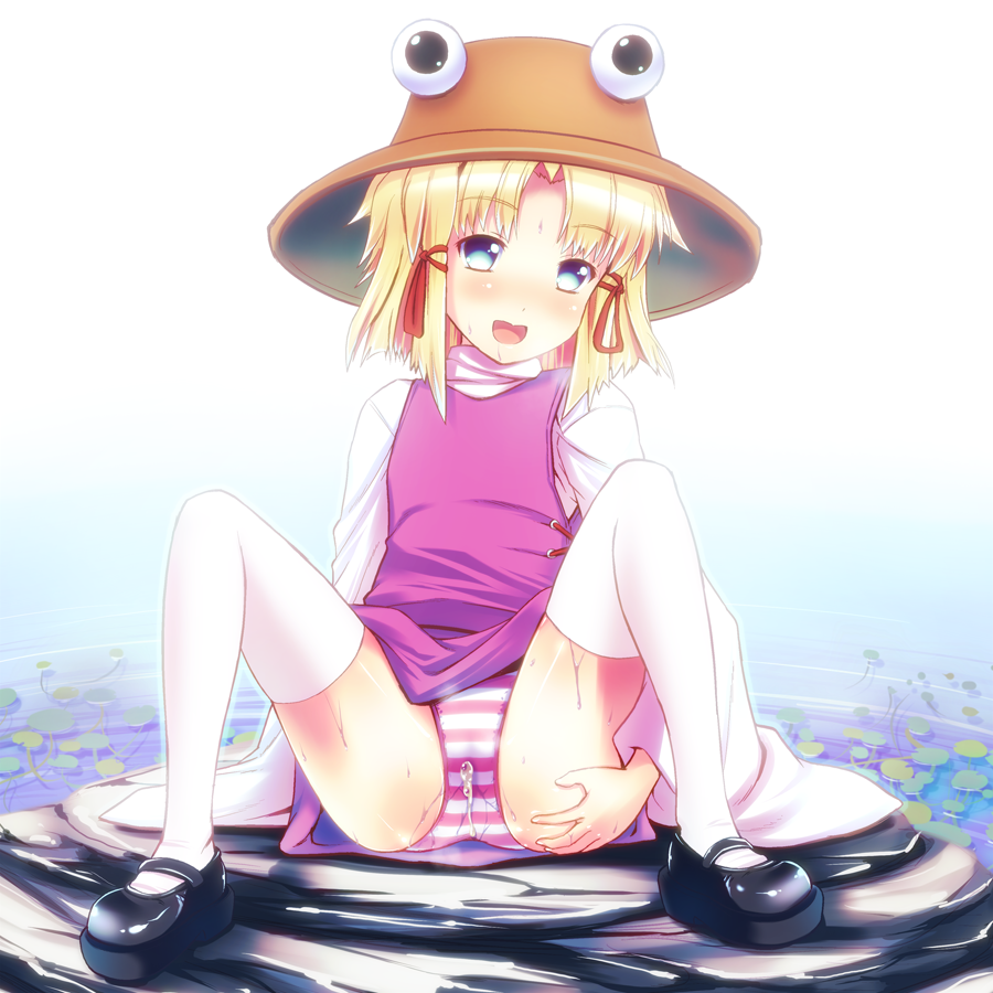 bad_id bad_pixiv_id blonde_hair blue_eyes hat inuga_anahoru mary_janes moriya_suwako open_mouth panties pussy_juice shoes sitting solo spread_legs striped striped_panties thighhighs touhou underwear wet wet_clothes wet_panties
