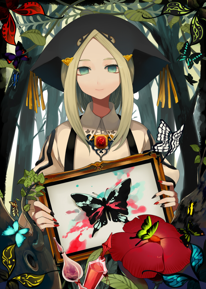 bad_id bad_pixiv_id banned_artist blonde_hair blue_eyes bottle bug butterfly flower forest harano hat insect jewelry nail_polish nature original painting_(object) solo upper_body