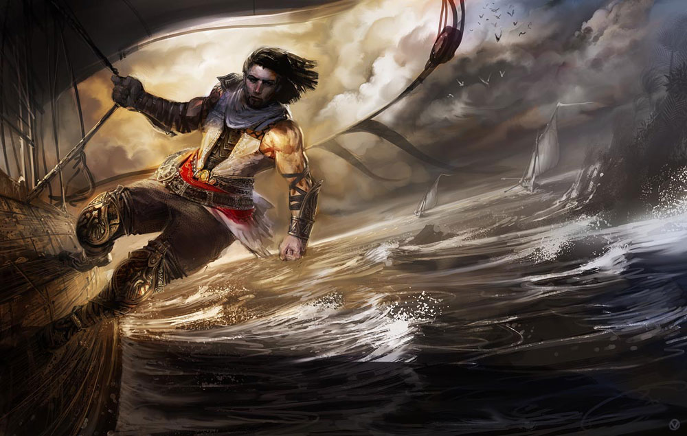 1boy belt bird boots cloud clouds dark_persona highres male male_focus muscle ocean prince_(sands_of_time) prince_of_persia sail sand scarf ship solo ubisoft water waves