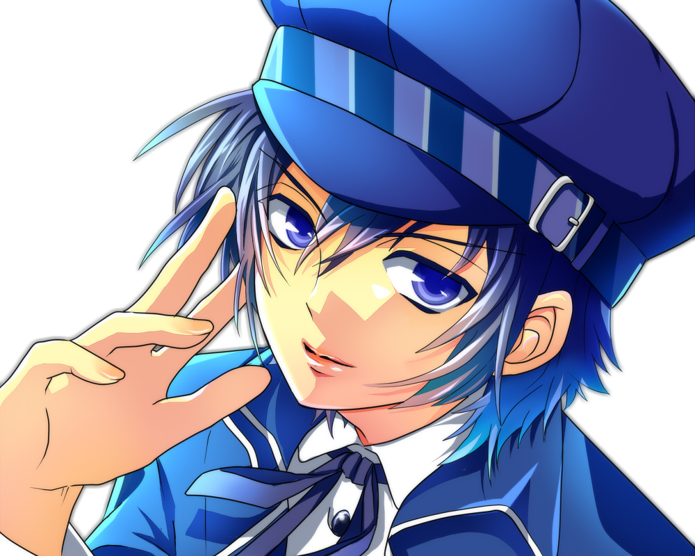 blue_eyes blue_hair cabbie_hat hat kairi_(oro-n) persona persona_4 reverse_trap shirogane_naoto short_hair simple_background smile solo upper_body white_background