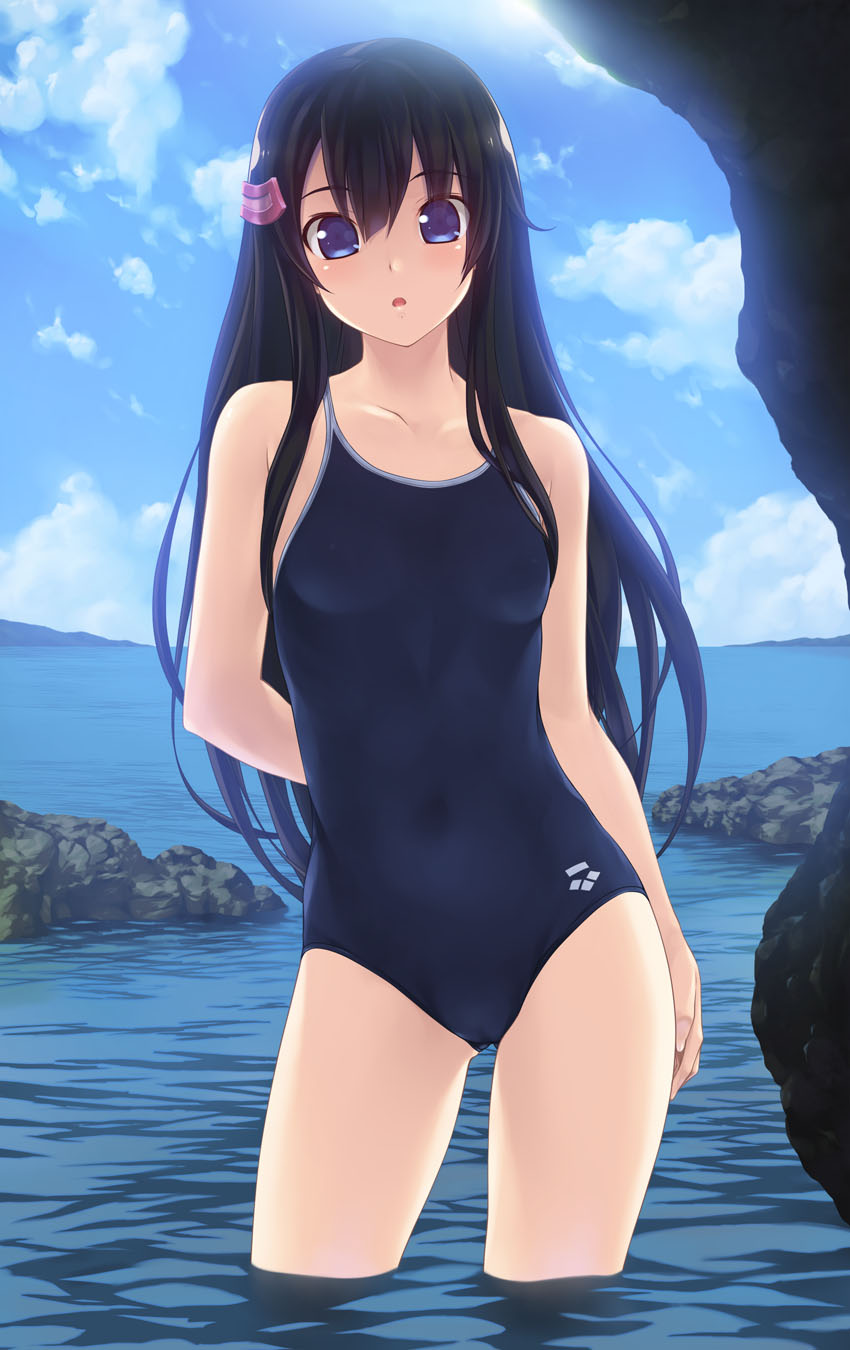 bare_shoulders black_hair blue_eyes breasts collarbone competition_swimsuit hair_ornament highres long_hair looking_at_viewer one-piece_swimsuit open_mouth original rock small_breasts solo swimsuit wacchi wading water