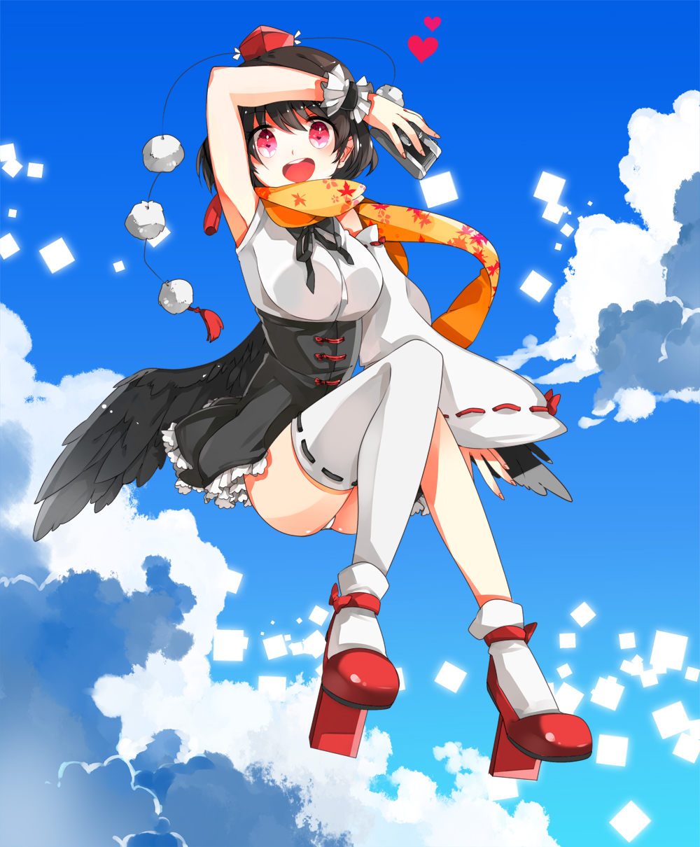 adapted_costume asymmetrical_clothes bad_id bad_pixiv_id breasts camera cloud dasulchan day detached_sleeves full_body geta hat heart highres looking_at_viewer medium_breasts open_mouth panties pantyshot red_eyes scarf shameimaru_aya sky smile solo tokin_hat touhou underwear wings wrist_cuffs