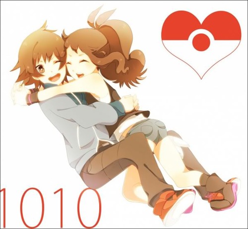 brown_hair couple happy hug hugging love lowres pokemon pokemon_(game) pokemon_bw touko_(pokemon) touya_(pokemon) wink