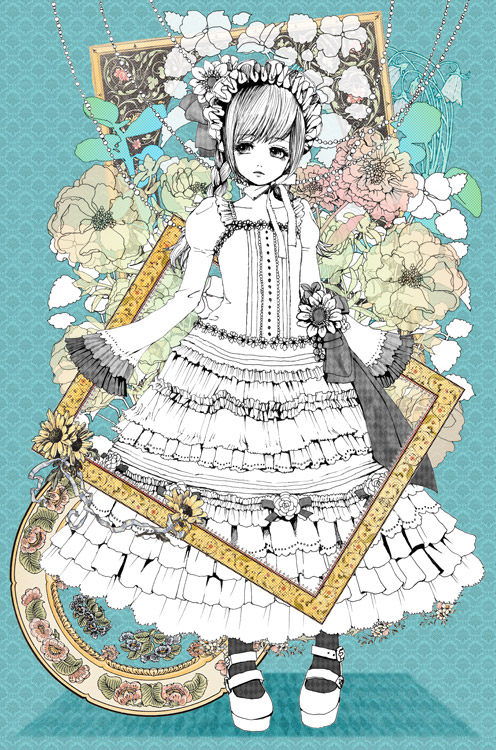dress flower frills gothic_lolita hiwako_(liquid) lolita_fashion original partially_colored solo too_many too_many_frills