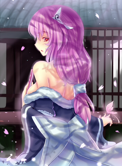alternate_hairstyle back bare_back bare_shoulders breasts bug butterfly closed_fan fan folding_fan from_behind insect long_hair medium_breasts no_hat no_headwear off_shoulder petals pink_hair profile red_eyes saigyouji_yuyuko solo touhou triangular_headpiece undressing walzrj wide_sleeves
