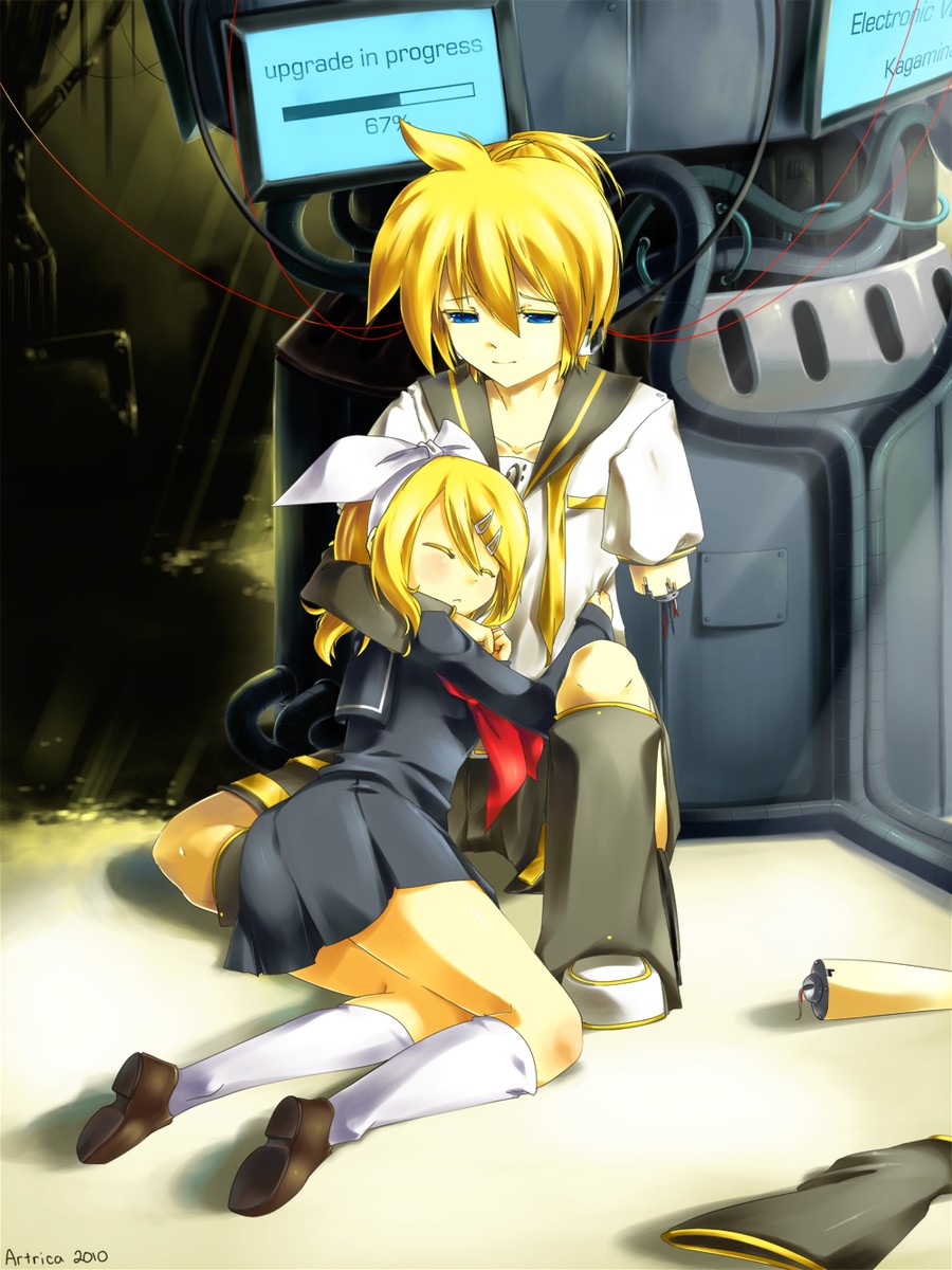 1boy 1girl artrica-chan blonde_hair blue_eyes brother_and_sister cyber eyes_closed family female highres kagamine_len kagamine_rin male robotic short_hair siblings twins vocaloid