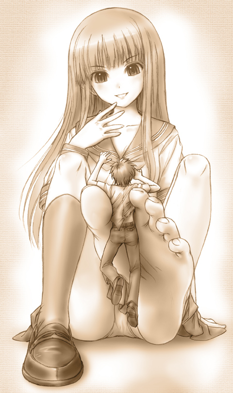 &gt;:) 1girl bangs barefoot between_toes blunt_bangs captured copyright_request eichikei_(hakuto) evil_grin evil_smile expectant feet femdom giantess grin hand_on_own_face hime_cut kneehighs loafers long_hair looking_down miniboy monochrome panties pantyshot pantyshot_(sitting) pov_feet school_uniform serafuku shoes single_shoe single_sock sitting skirt smile socks soles toes underwear v-shaped_eyebrows wiggling_toes