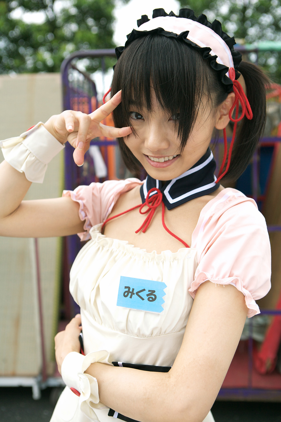 apron asahina_mikuru asian cosplay hair_ribbon hair_ribbons highres matsunaga_ayaka photo real ribbon suzumiya_haruhi_no_yuuutsu v waitress waitress_uniform