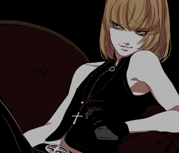 1boy androgynous belt black_gloves black_pants blonde_hair candy chocolate couch cross death_note food gloves jewelry leather male male_focus mello navel necklace pants sitting sofa solo trap vest