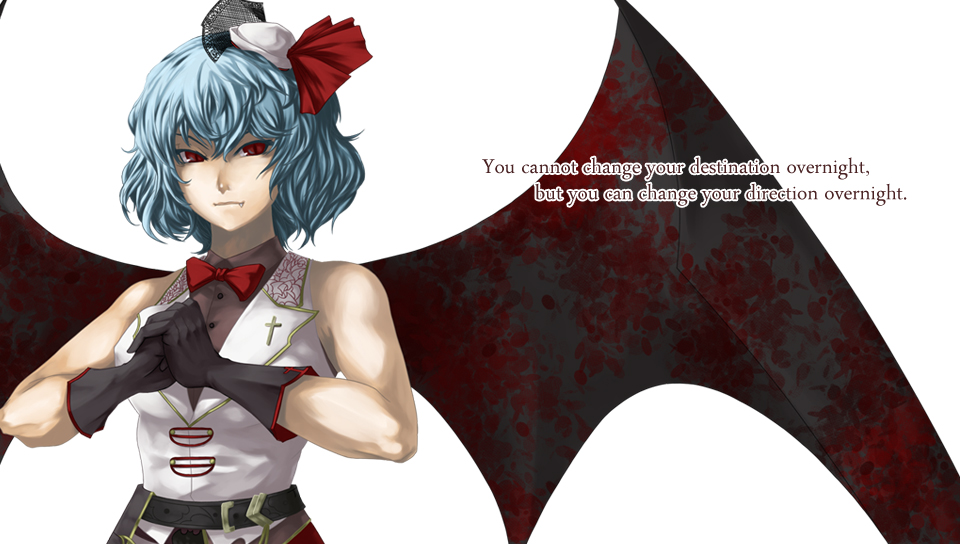 alternate_costume bare_shoulders bat_wings belt black_gloves bow bowtie clenched_hand cracking_knuckles cross english fang gloves hat hat_ribbon lavender_hair light_smile muchakushoku muscle older own_hands_together red_eyes remilia_scarlet ribbon short_hair simple_background sleeveless solo text_focus touhou white_background wings