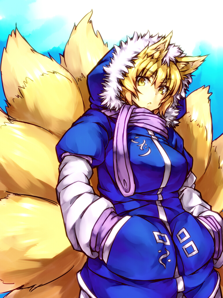 :&lt; adapted_costume alternate_costume animal_ears blonde_hair breasts fox_ears fox_tail hands_in_pockets hood jacket medium_breasts melon22 multiple_tails no_hat no_headwear scarf short_hair solo tail touhou winter_clothes yakumo_ran yellow_eyes