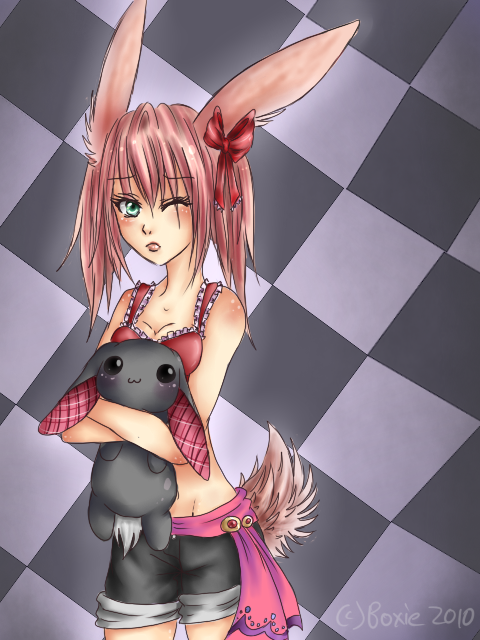1girl :3 animal_ears checkered checkered_background chequered_background clothing female green_eyes hair hair_bow holding human lagomorph little-miss-boxie long_ears long_hair mammal midriff mound_of_venus navel one_eye_closed pubic_mound red_hair shirt short_tail shorts signature solo tail tank_top wink