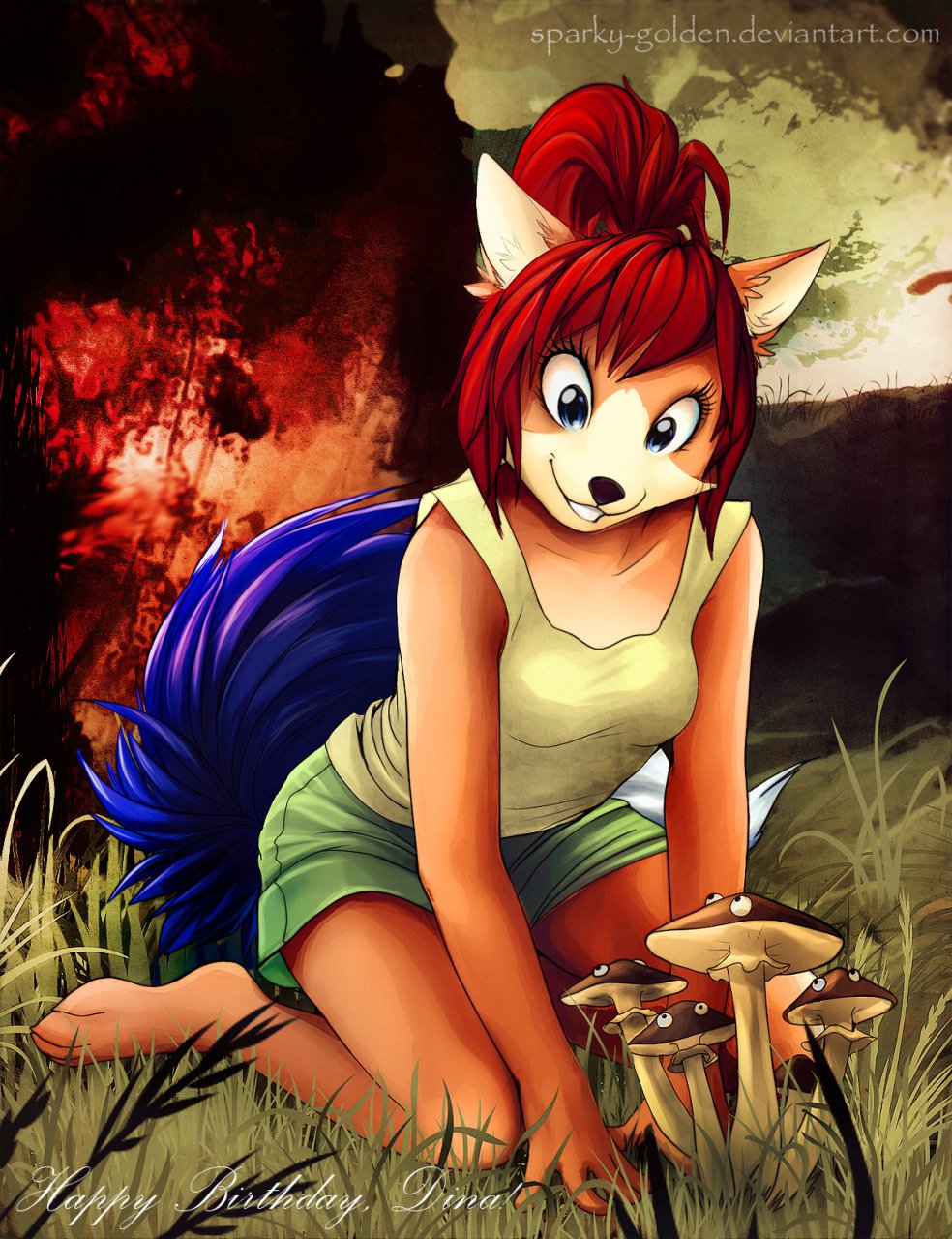 blue_eyes canine cute female fox iskra kneeling mushroom red_hair solo what
