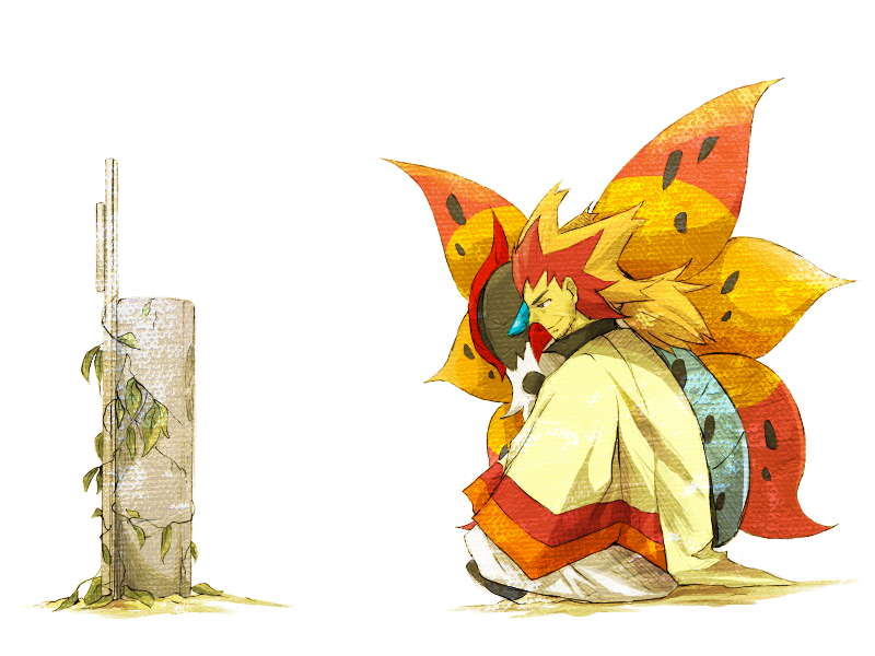 adeku_(pokemon) grave male male_focus plain_background pokemon simple_background sitting volcarona