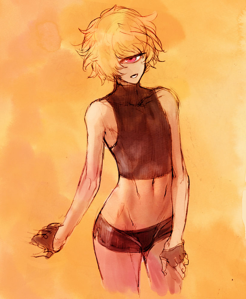 androgynous bangs bare_shoulders blonde_hair cyclops fingerless_gloves gloves male male_focus navel one-eyed red_eyes short_hair shorts skey skinny solo