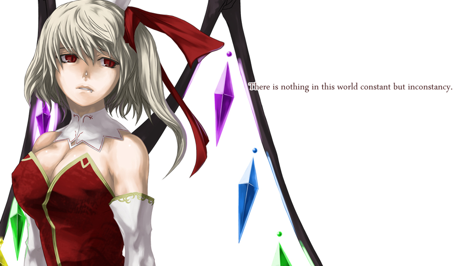 alternate_costume bare_shoulders blonde_hair breasts cleavage detached_collar dress elbow_gloves english fang flandre_scarlet gloves hat medium_breasts muchakushoku older parted_lips red_dress red_eyes red_ribbon ribbon side_ponytail simple_background solo text_focus touhou white_background white_gloves wings