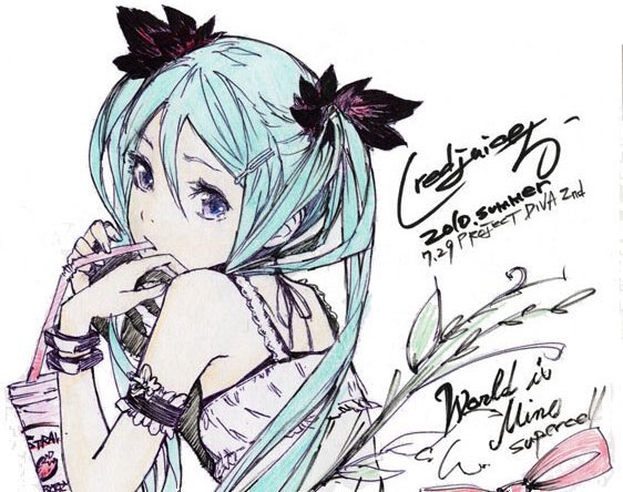 aqua_hair arm_garter bare_shoulders blue_eyes bracelet dress drink drinking_straw from_behind hair_ornament hair_ribbon hairclip hatsune_miku jewelry long_hair looking_back mouth_hold redjuice ribbon signature sipping sleeveless sleeveless_dress solo twintails vocaloid world_is_mine_(vocaloid)