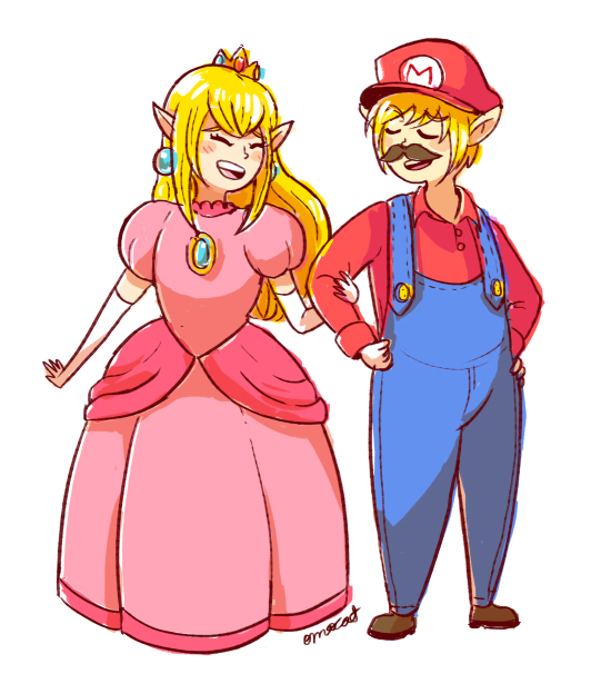 1girl blush closed_eyes company_connection cosplay crown dress earrings elbow_gloves facial_hair gloves hat jewelry link long_hair mario mario_(cosplay) mario_(series) mustache omocat pink_dress pointy_ears princess_peach princess_peach_(cosplay) princess_zelda smile super_mario_bros. the_legend_of_zelda
