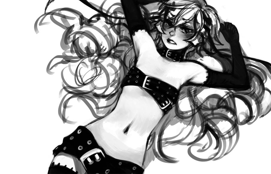 bare_shoulders belt beltbra beltskirt blush camille_myriad_zentreza collar elbow_gloves flat_chest gloves greyscale long_hair looking_at_viewer lying midriff monochrome na_young_lee navel on_back original simple_background solo thighhighs white_background zettai_ryouiki