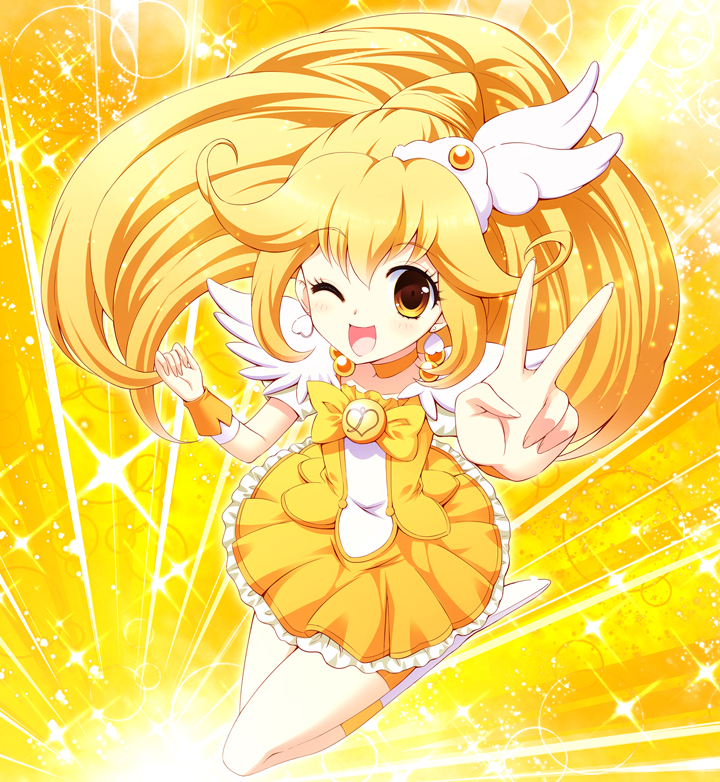 blonde_hair bow choker cure_peace eyelashes hair_flaps isumi_(i-spixi) kise_yayoi long_hair magical_girl orange_choker precure skirt smile_precure! solo v wide_ponytail yellow yellow_background yellow_bow yellow_eyes yellow_skirt