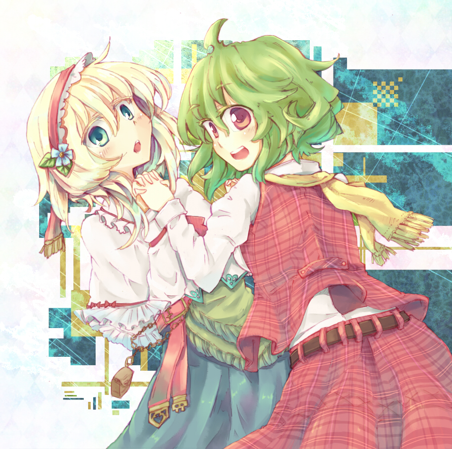 ahoge alice_margatroid ascot belt blonde_hair blue_eyes blush capelet dress flower green_hair hairband holding_hands kazami_yuuka multiple_girls open_mouth plaid plaid_vest pouch red_eyes ribbon rl scarf shirt short_hair skirt smile touhou vest