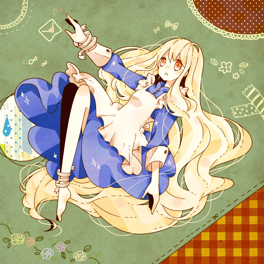:o apron bad_id bad_pixiv_id blonde_hair blue_dress dress flower kagerou_project kozakura_marry leg_ribbon letter long_hair love_letter miko_(kotonoha02) open_mouth orange_eyes outstretched_arm ribbon rose sleeve_cuffs solo souzou_forest_(vocaloid) symbol-shaped_pupils very_long_hair vocaloid wrist_ribbon