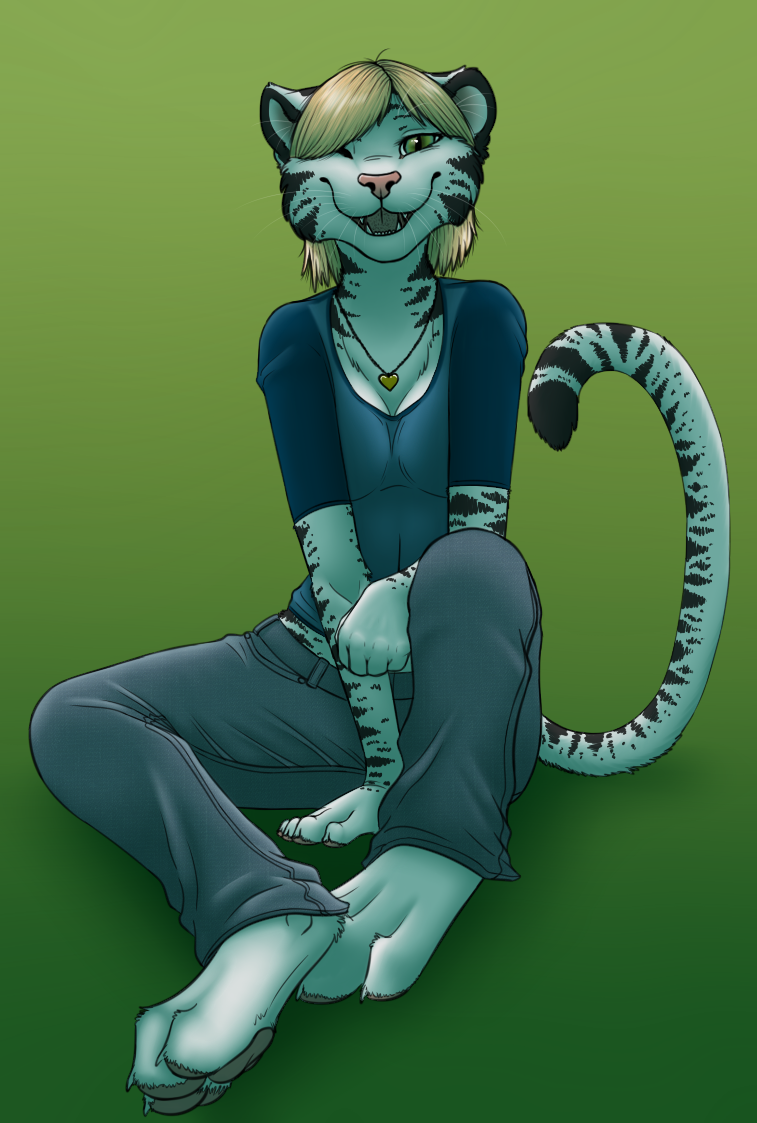 &hearts; blonde_hair cute fangs feline female gradient_background green_eyes hair hair_over_eye leverpuller looking_at_viewer mammal necklace one_eye_closed sitting solo stripes tiger whiskers white_tiger