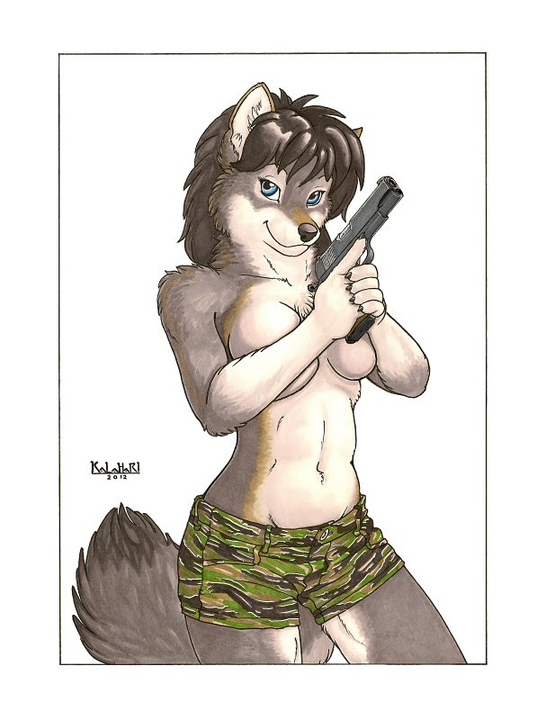 black_hair blue_eyes breasts canine clothed clothing female femme_fatale fox gun hair kalahari looking_at_viewer m1911 mammal pistol plain_background ranged_weapon skimpy solo topless weapon white_background