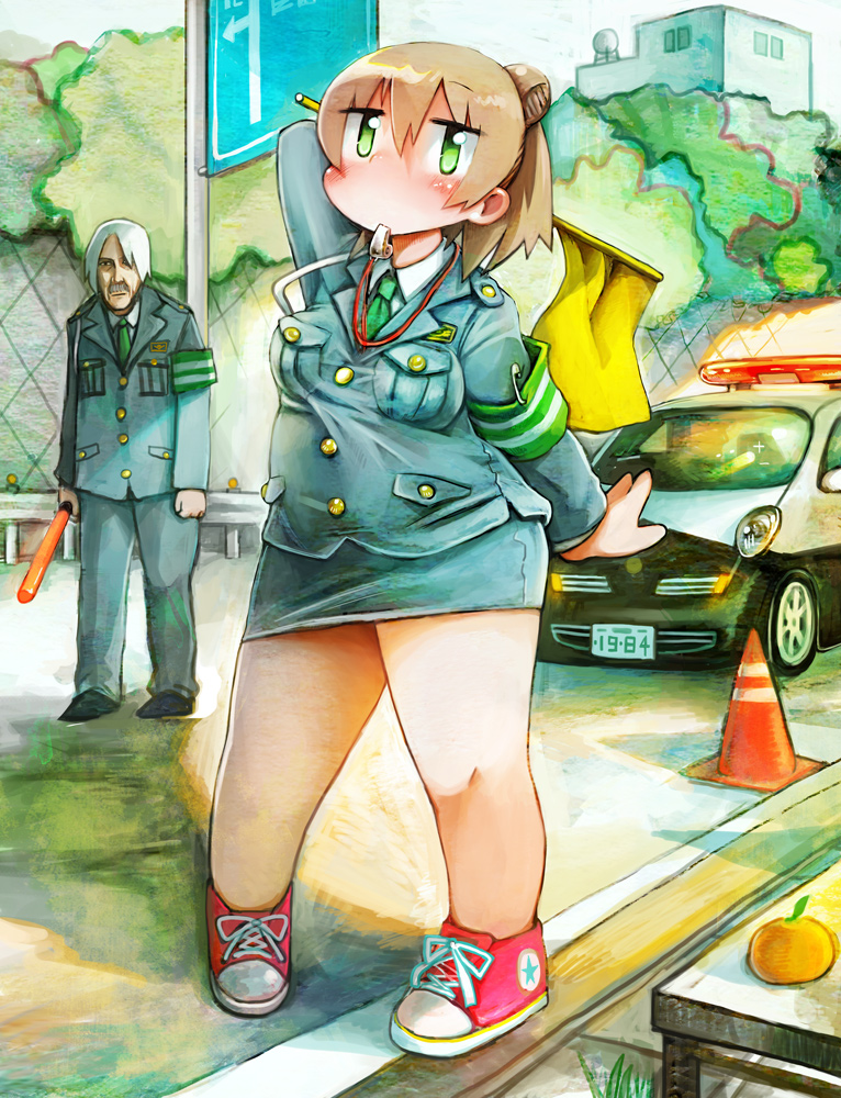 1girl armband bad_id bad_pixiv_id car copyright_request duplicate facial_hair faux_traditional_media flag food fruit green_eyes ground_vehicle hade_na_kangofu motor_vehicle mouth_hold mustache old_man orange plump police police_car police_uniform policewoman safety_pin traffic_cone uniform whistle
