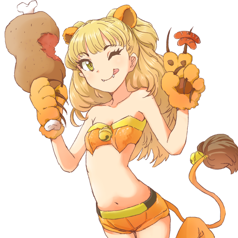 :p animal_ears bare_shoulders bell blonde_hair boned_meat cat_paws claws dani-ikapi eyelashes fangs flat_chest food idolmaster idolmaster_cinderella_girls jougasaki_rika lion_ears lion_girl lion_tail long_hair meat midriff navel one_eye_closed paws short_shorts shorts solo tail tongue tongue_out two_side_up yellow_eyes