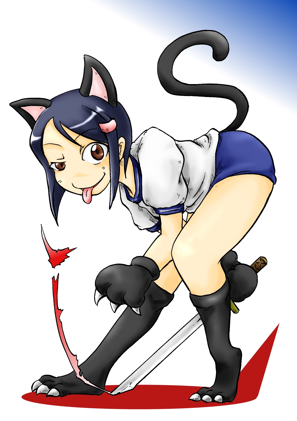 :p animal_ears bent_over blue_hair brown_eyes buruma cat_ears cat_paws cat_tail cynthia_the_mission hair_ornament hairclip highres nakatsuka_yumiko paws raised_eyebrow short_hair solo sword tail tongue tongue_out weapon