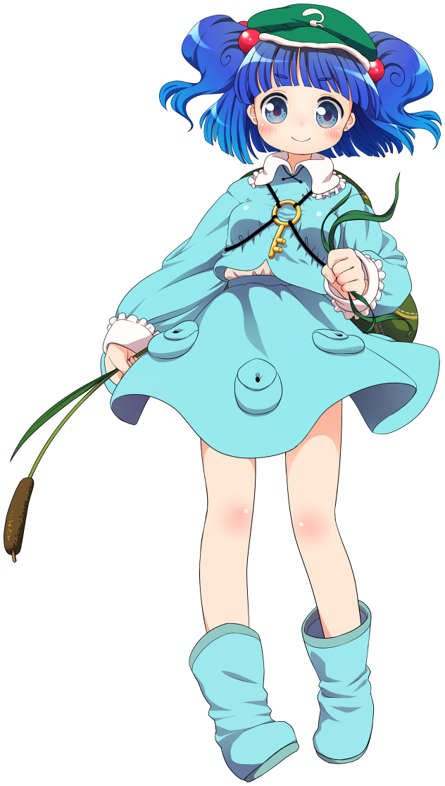 backpack bag blue_eyes blue_hair blush boots cattail child full_body hair_bobbles hair_ornament hat kawashiro_nitori key pentagon plant pocket rubber_boots shirt skirt skirt_set smile solo touhou transparent_background two_side_up