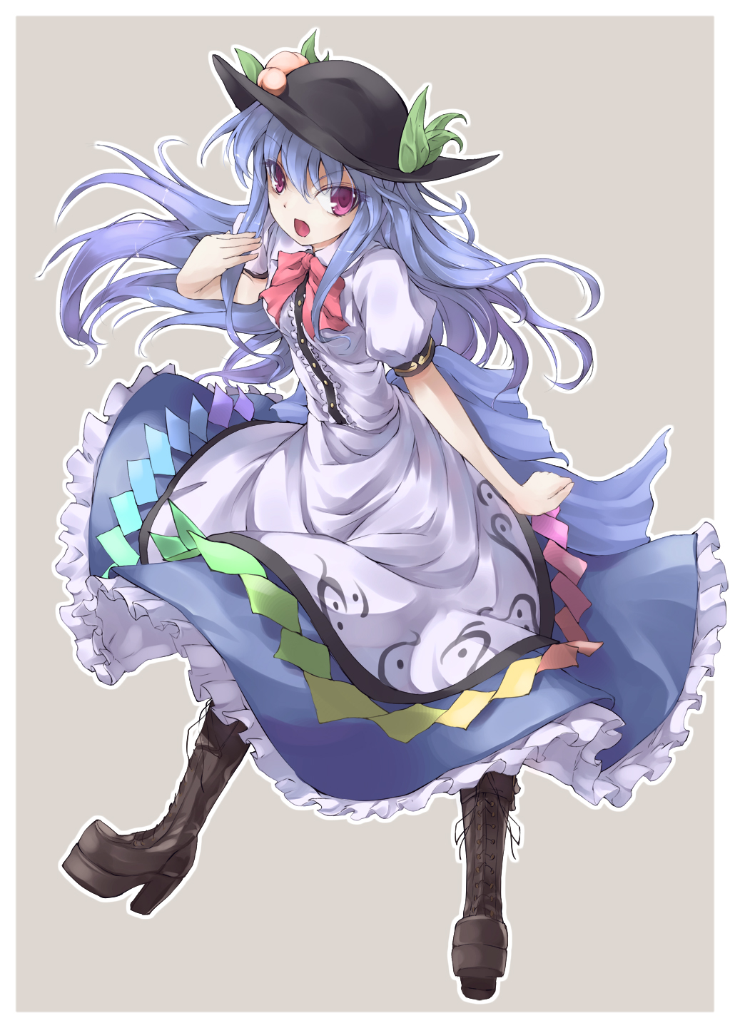 awa_yume blue_hair boots cross-laced_footwear dress food fruit full_body highres hinanawi_tenshi lace-up_boots long_hair open_mouth peach red_eyes simple_background solo touhou