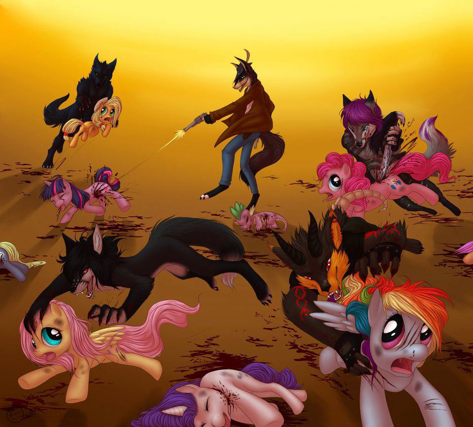 avoid_posting blood canine conditional_dnp cutie_mark death derpy_hooves_(mlp) dragon equine female feral fluttershy_(mlp) friendship_is_magic gore group gun horn horse jameless lol_comments male mammal my_little_pony pegasus pinkie_pie_(mlp) pony rainbow_dash_(mlp) ranged_weapon rarity_(mlp) scalie scootaloo_(mlp) shot spike_(mlp) twilight_sparkle_(mlp) unicorn unknown_artist weapon were werewolf wings