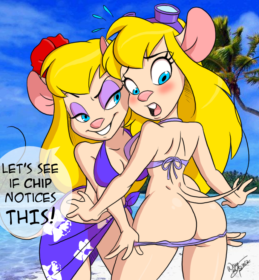 aeolus06 assisted_exposure beach bikini blonde_hair blue_eyes blush breasts buckteeth butt chip_'n_dale_rescue_rangers chip_'n_dale_rescue_rangers cleavage clothed clothing dialog dialogue disney embarrassed english_text eyewear female flower gadget_hackwrench goggles hair lahwhinie lesbian long_hair makeup mammal mouse open_mouth pink_nose rodent seaside skimpy smile swimsuit tail text thighs tight_clothing undressing water wide_hips