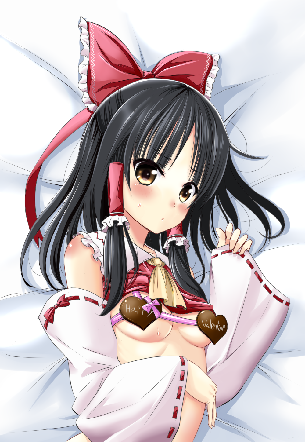 bad_id bad_pixiv_id black_hair blush bow breasts chocolate chocolate_heart detached_sleeves hair_bow hair_tubes hakurei_reimu happy_valentine heart highres looking_at_viewer medium_breasts natsupa solo touhou valentine
