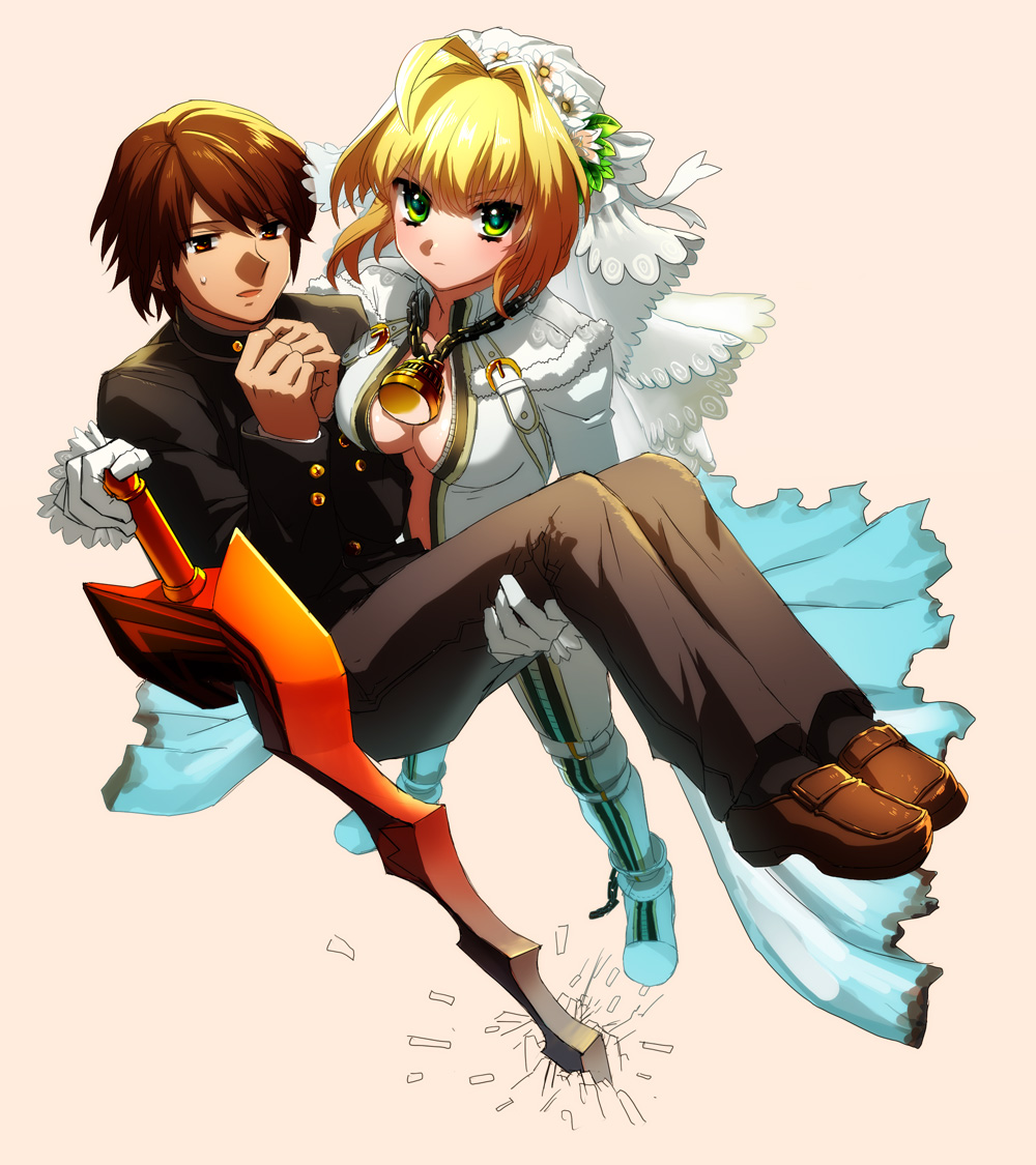 1girl aestus_estus ahoge bad_id bad_pixiv_id blonde_hair brown_eyes brown_hair carrying fate/extra fate/extra_ccc fate_(series) green_eyes kishinami_hakuno_(male) nero_claudius_(bride)_(fate) nero_claudius_(fate)_(all) perspective princess_carry role_reversal routo school_uniform sword tsukumihara_academy_uniform_(fate/extra_ccc) weapon