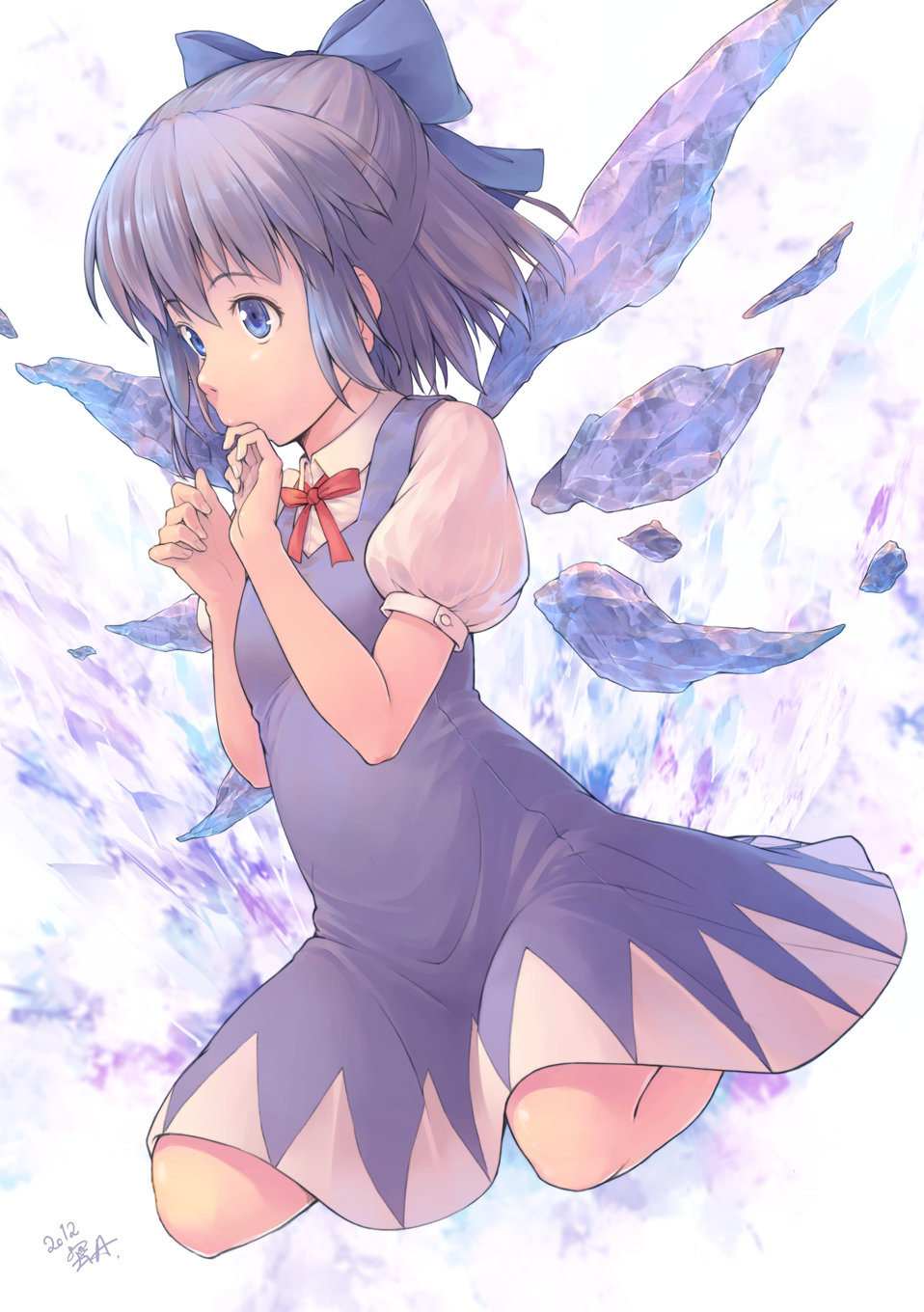 blue_eyes blue_hair bow cirno crystal dress face finger_in_mouth hair_bow hands highres ice ice_wings kanini pinafore_dress ribbon short_hair sitting solo touhou wariza wings