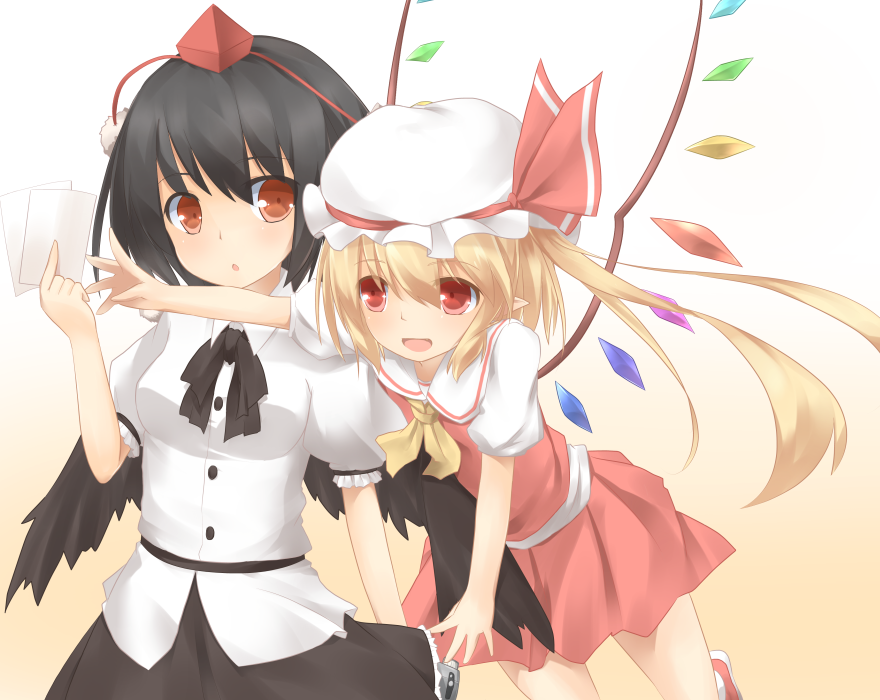 ascot black_hair blonde_hair blush flandre_scarlet hat multiple_girls open_mouth photo_(object) pointy_ears red_eyes sakurea shameimaru_aya shirt short_hair side_ponytail skirt smile tokin_hat touhou wings