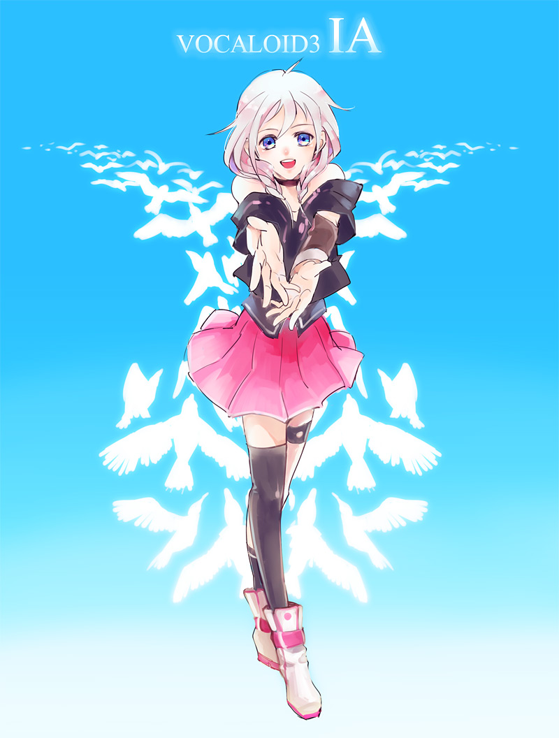 ahoge bad_id bad_pixiv_id bare_shoulders blonde_hair blue_eyes boots braid ia_(vocaloid) looking_at_viewer open_mouth pink_hair shindenkasei single_thighhigh skirt solo thigh_strap thighhighs twin_braids vocaloid