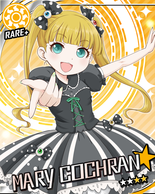 :d aqua_eyes black_dress blonde_hair card_(medium) card_parody character_name cinderella_girls_card_parody dress eyeball idolmaster idolmaster_cinderella_girls kaipo looking_at_viewer mary_cochran nail_art nail_polish official_style open_mouth outstretched_hand parody smile solo sparkle star sun_(symbol) twintails