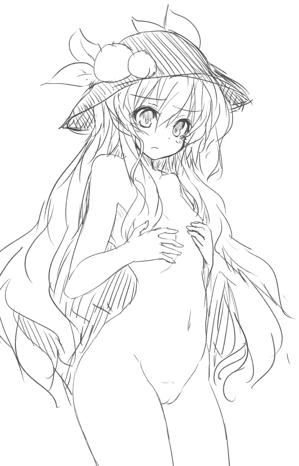 covering covering_breasts food fruit greyscale hat hinanawi_tenshi long_hair monochrome nude peach pussy solo touhou yu-ves