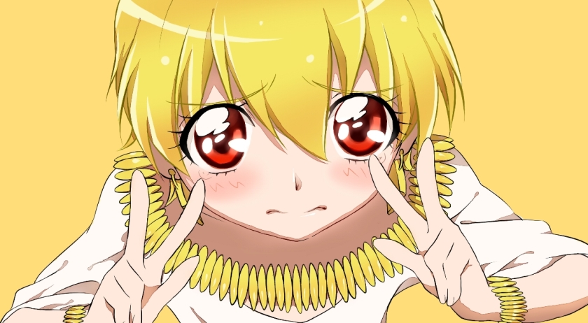bad_id bad_pixiv_id blonde_hair bracelet double_v earrings eyelashes eyes fate/zero fate_(series) gilgamesh jewelry male_focus necklace parody precure red_eyes simple_background smile_precure! solo style_parody v yaki-6