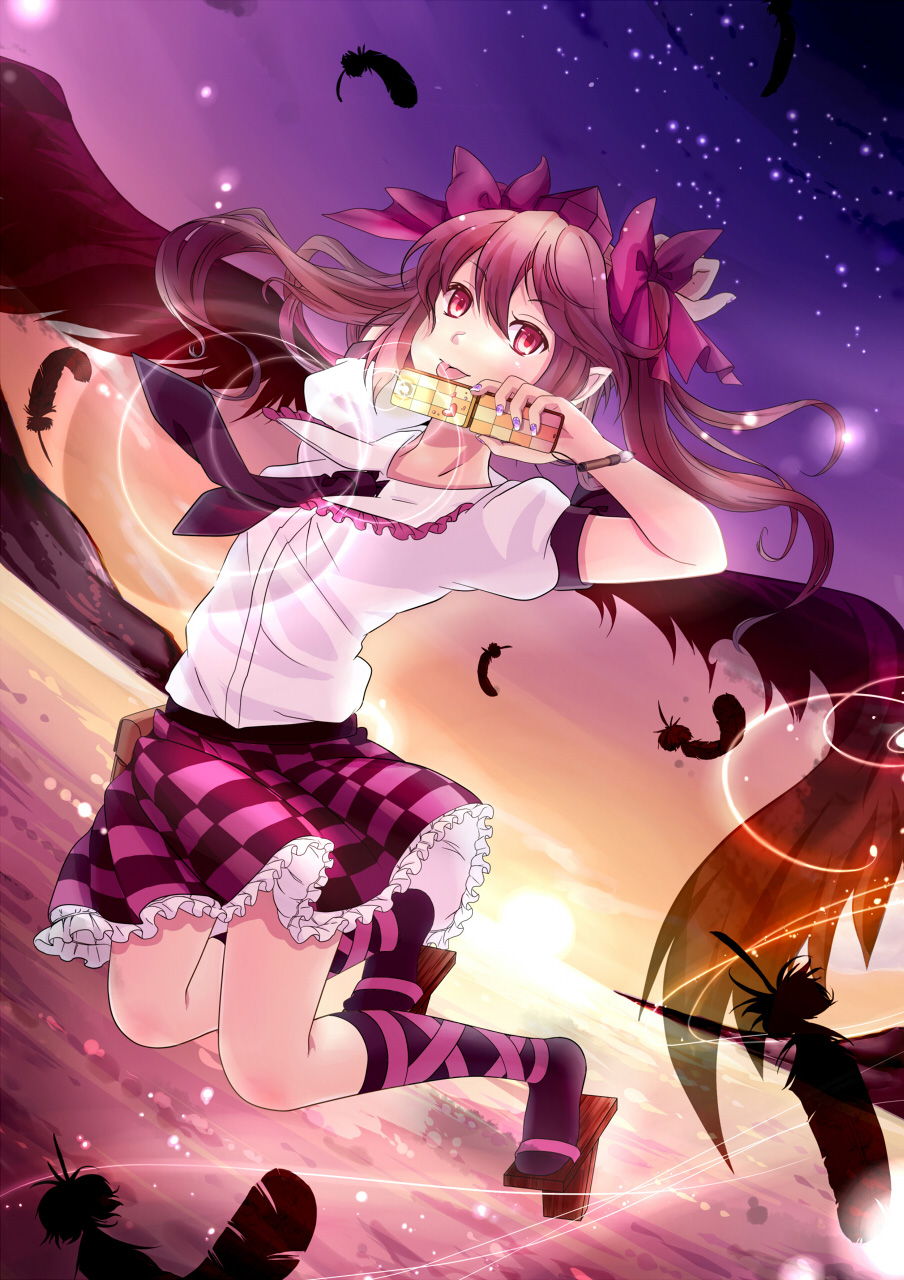 bad_id bad_pixiv_id brown_hair cellphone checkered checkered_skirt feathers full_body geta hair_ribbon hat highres himekaidou_hatate long_hair necktie neko_suke phone pink_hair pointy_ears ribbon skirt sky solo star_(sky) starry_sky sun tokin_hat tongue tongue_out touhou twintails wings