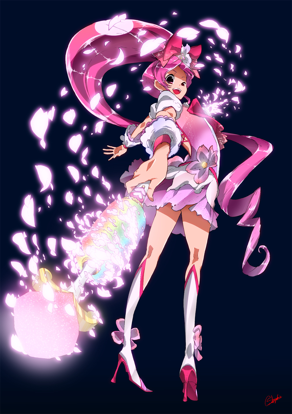 bad_id bad_pixiv_id blue_background boots bow cure_blossom flower_tact hanasaki_tsubomi heartcatch_precure! highres knee_boots magical_girl pink_bow precure satsuki_(oioi3125) solo
