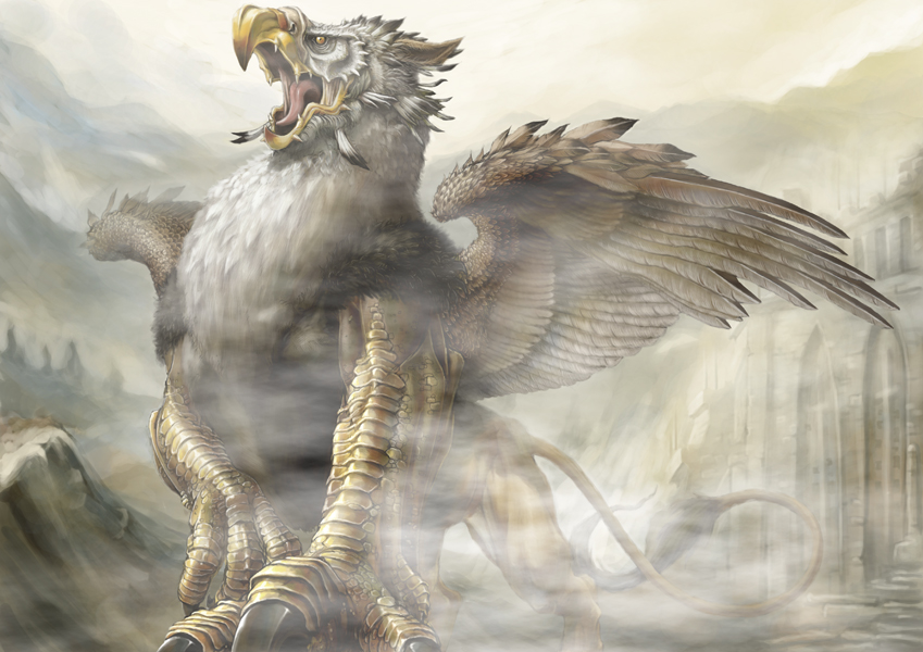 beak building feathers fog griffin lion_tail monster mountain muscle no_humans pixiv_fantasia pixiv_fantasia_3 roaring ruins scales solo tail tongue wings yellow_eyes