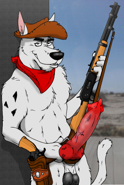balls big_penis canine canine_penis cowboy_hat dog gun hat holster huge_penis lever-action looking_at_viewer male mammal neckerchief penis pistol ranged_weapon revolver rifle scarf scooby-doo_(series) scooby_doo_series solo weapon wildwulf