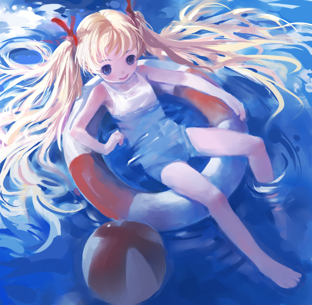 barefoot blonde_hair blue_eyes child flat_chest innertube long_hair ocean one-piece_swimsuit original partially_submerged ribbon smile solo swimsuit twintails very_long_hair water white_swimsuit zrero