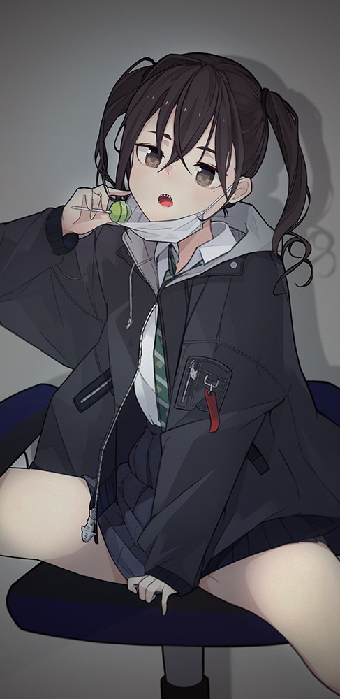 1girl :o abae arm_up bangs black_jacket black_skirt blush brown_eyes chair collared_shirt commentary hair_between_eyes head_tilt idolmaster idolmaster_cinderella_girls jacket long_hair long_sleeves looking_at_viewer mask_pull mole mole_under_eye necktie on_chair open_clothes open_jacket open_mouth pointing pointing_at_self saliva saliva_trail shadow sharp_teeth shirt sitting skirt solo spread_legs striped striped_neckwear sunazuka_akira surgical_mask teeth thighs twintails unzipped white_shirt zipper_pull_tab