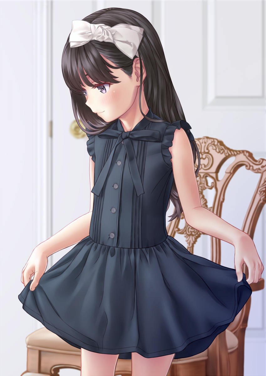1girl aoi_kumiko bangs bare_shoulders black_dress black_eyes black_hair blush bow chair child closed_mouth commentary_request dress eyebrows_visible_through_hair hair_bow highres indoors long_hair looking_down original revision skirt_hold sleeveless sleeveless_dress smile solo standing white_bow